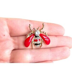 Vintage Insect bee brooch red black gold tone with rhinestone eyes enamel wings